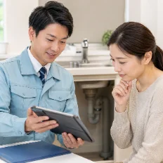 お客様に作業内容を説明するスタッフ